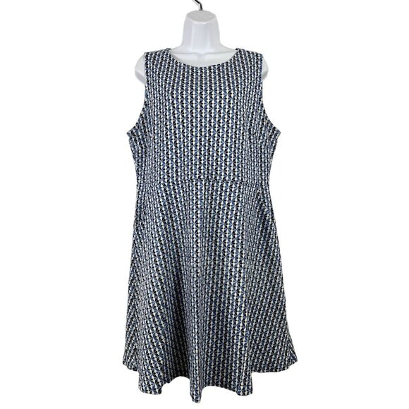 New York & Company Sleeveless Blue Geometric Pattern A-Line Dress W/ Pockets XL - Picture 1 of 12